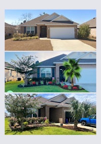 four pictures of a house with landscaping and a car